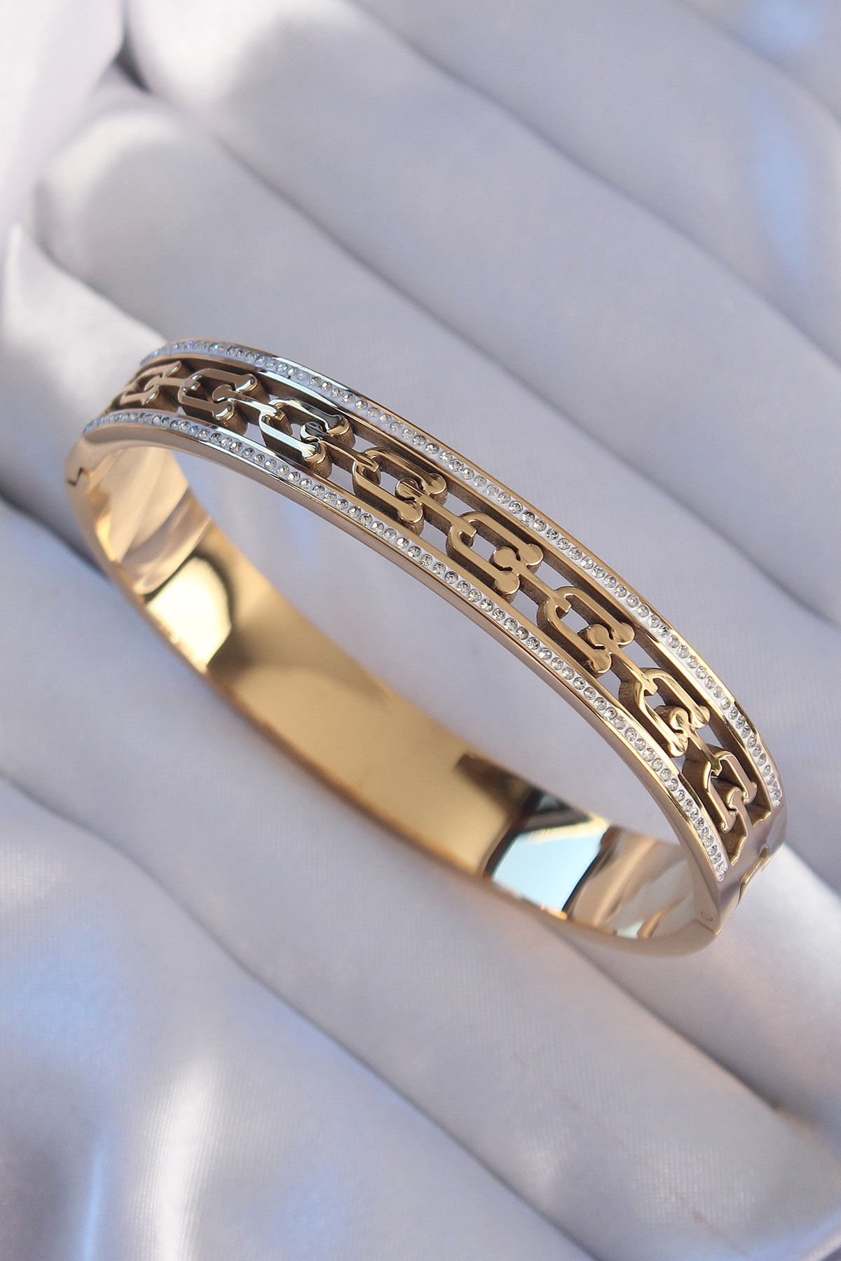 316L Çelik Özel Seri  Gold Renk Zirkon Taşlı Tiffany Model Kelepçe