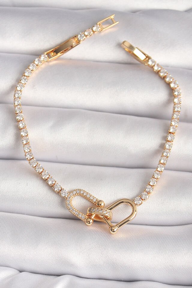Pirinç Gold Renk Su Yolu Zirkon Taşlı Tiffany Model Kadın Bileklik