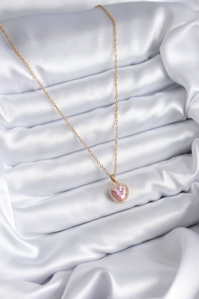 316L Çelik Özel Seri   Zincir  Gold Renk Pembe  Zirkon Taş Kalp Model Charm Kadın Kolye