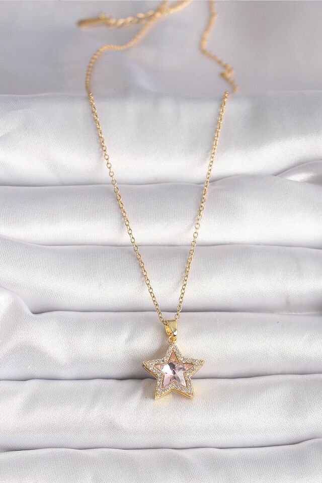 316L Çelik Gold Renk Zirkon Taşlı Pembe Model Kadın Kolye