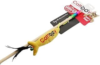 Cattooy Fun Education Toy EL YAPIMI AHŞAP SAPLI, TÜYLÜ VE ÇINGIRAKLI JR. FISH OLTA (SARI)