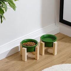 Herniks Ahşap Ayaklı Seramik Kedi Köpek İkili Mama ve Su Kabı 12x10cm (Yeşil)