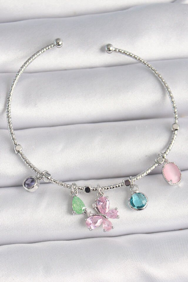 Pirinç Gümüş Renk Pembe Zirkon Taşlı Kelebek Figür Sallantı Detaylı Charm Kadın Bileklik