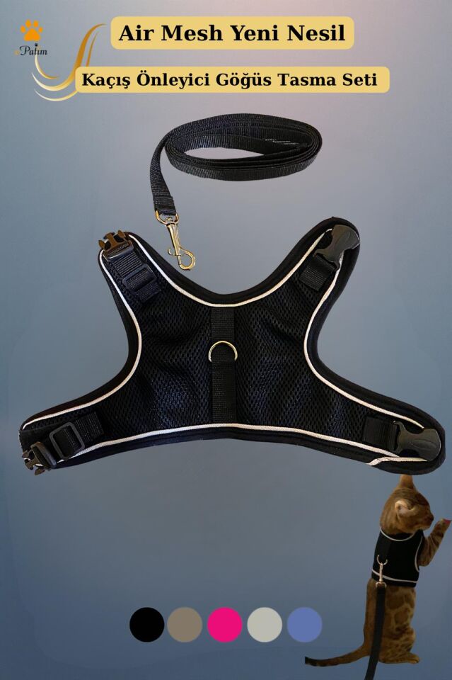 ePatim Yeni Nesil Nefes Alabilen Kedi Göğüs Tasması Seti Siyah - L