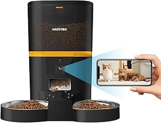 Haustier QQ005-Dual Kameralı Akıllı Kedi Köpek Otomatik Mama Kabı, App Uzaktan Kontrol, Sesle Çağırma, 480P Kamera, 6lt Hazne, Çift Metal Kase (Siyah)