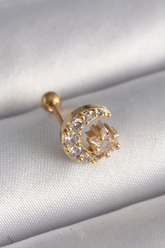 316L Çelik Gold Renk Zirkon Taşlı Ay Tragus Piercing