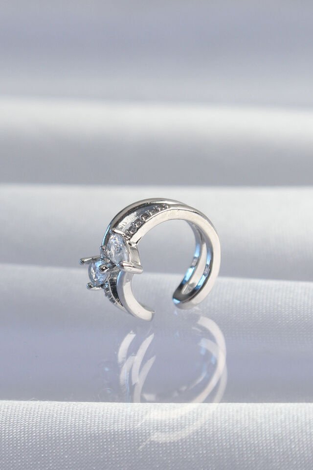 Özel Seri Pirinç Gümüş Renk Zirkon Taşlı Damla Earcuff Küpe