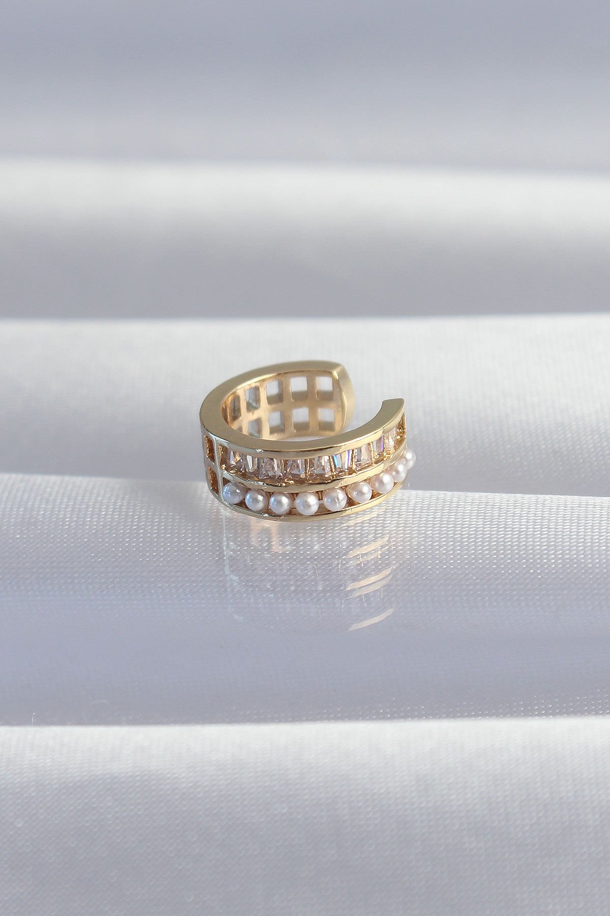 Özel Seri Pirinç Gold Renk İncili Baget Taşlı Earcuff Küpe