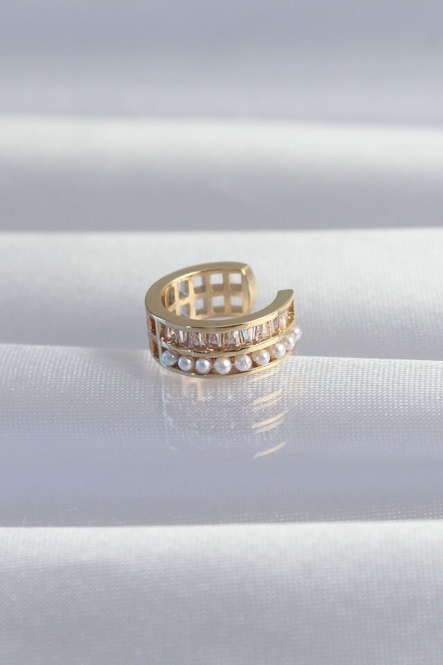 Özel Seri Pirinç Gold Renk İncili Baget Taşlı Earcuff Küpe