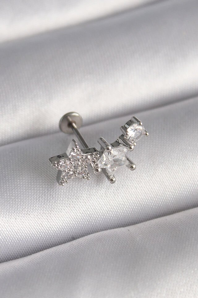 316L Çelik Gümüş Renk Zirkon Taşlı Model Tragus Piercing