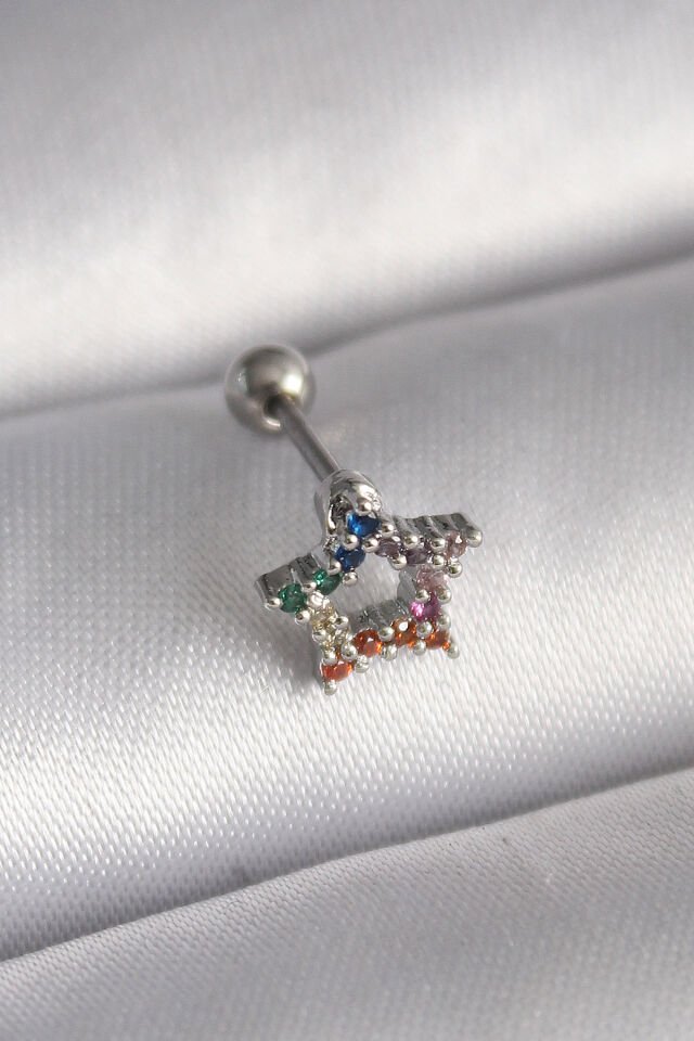 316L Çelik Gümüş Renk Renkli Zirkon Taşlı Model Tragus Piercing