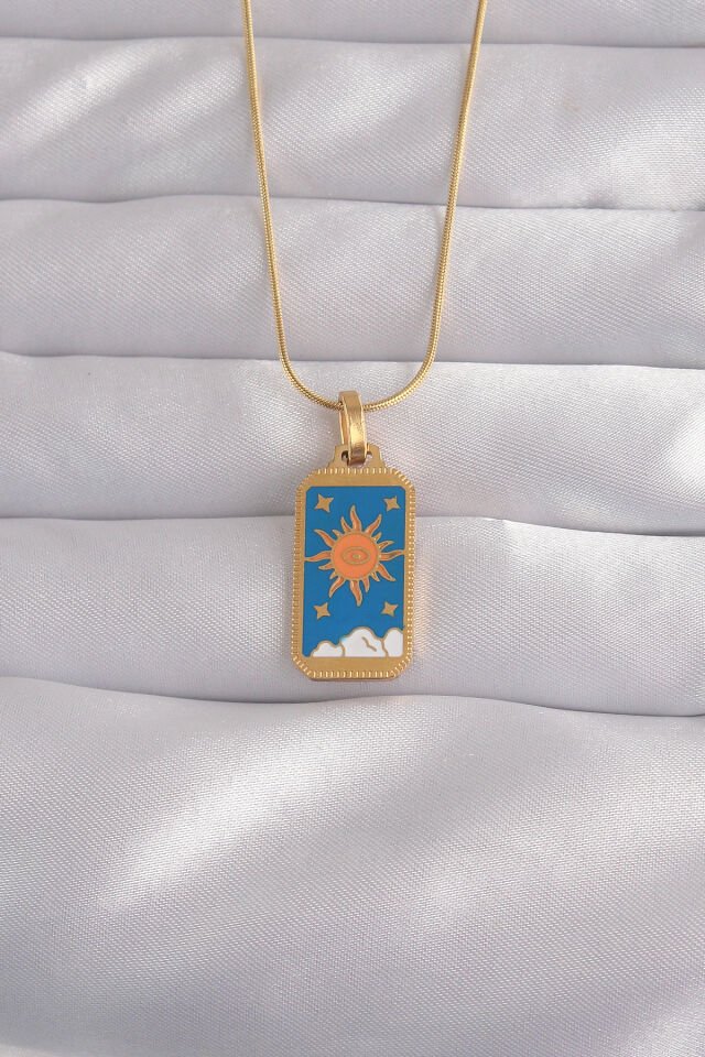 316L Çelik Özel Seri  Gold Renk Mavi Mineli Güneş Model Tarot Kolye