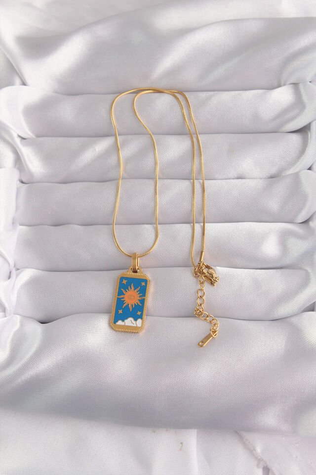 316L Çelik Özel Seri  Gold Renk Mavi Mineli Güneş Model Tarot Kolye