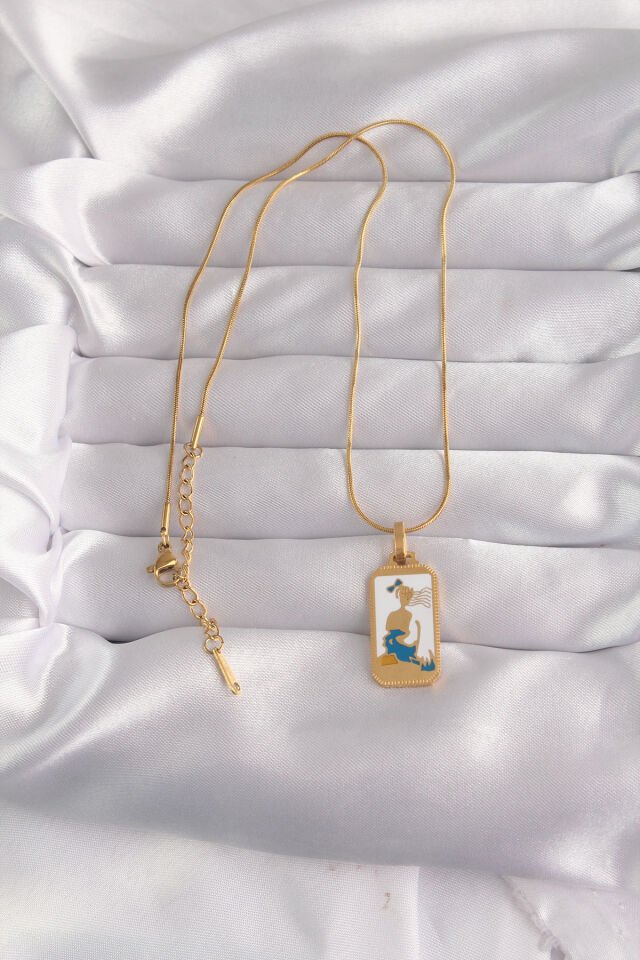316L Çelik Özel Seri  Gold Renk Beyaz Mineli Kız Figür Tarot Kolye