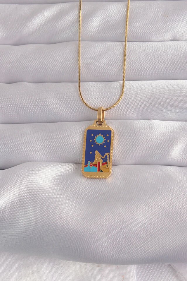 316L Çelik Özel Seri  Gold Renk Mavi Mineli Kız Figür Tarot Kolye
