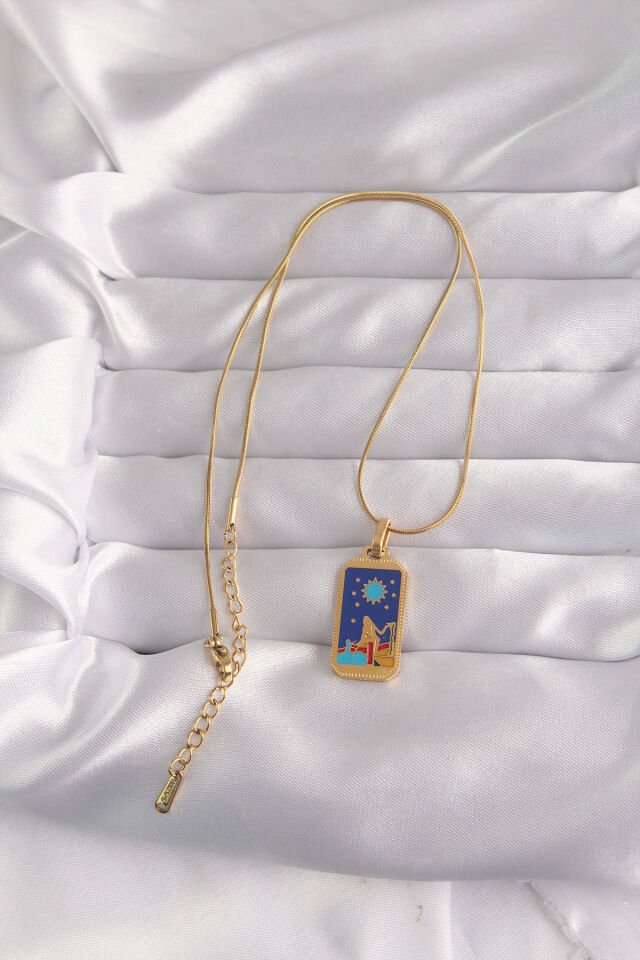 316L Çelik Özel Seri  Gold Renk Mavi Mineli Kız Figür Tarot Kolye