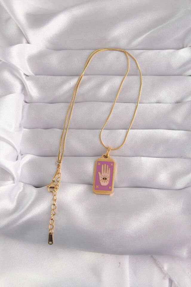 316L Çelik Özel Seri  Gold Renk Mor Mineli El Figür Tarot Kolye