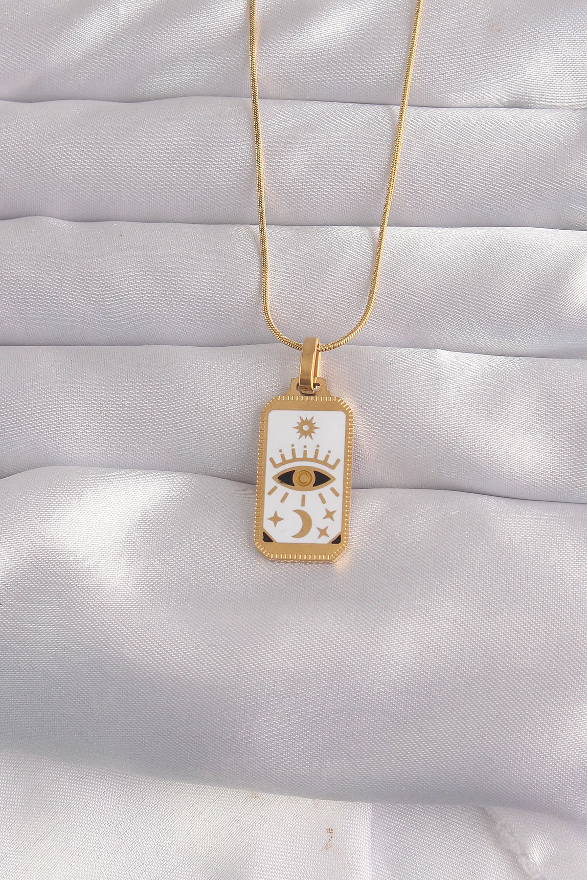316L Çelik Özel Seri  Gold Renk Beyaz Mineli Göz Figür Tarot Kolye