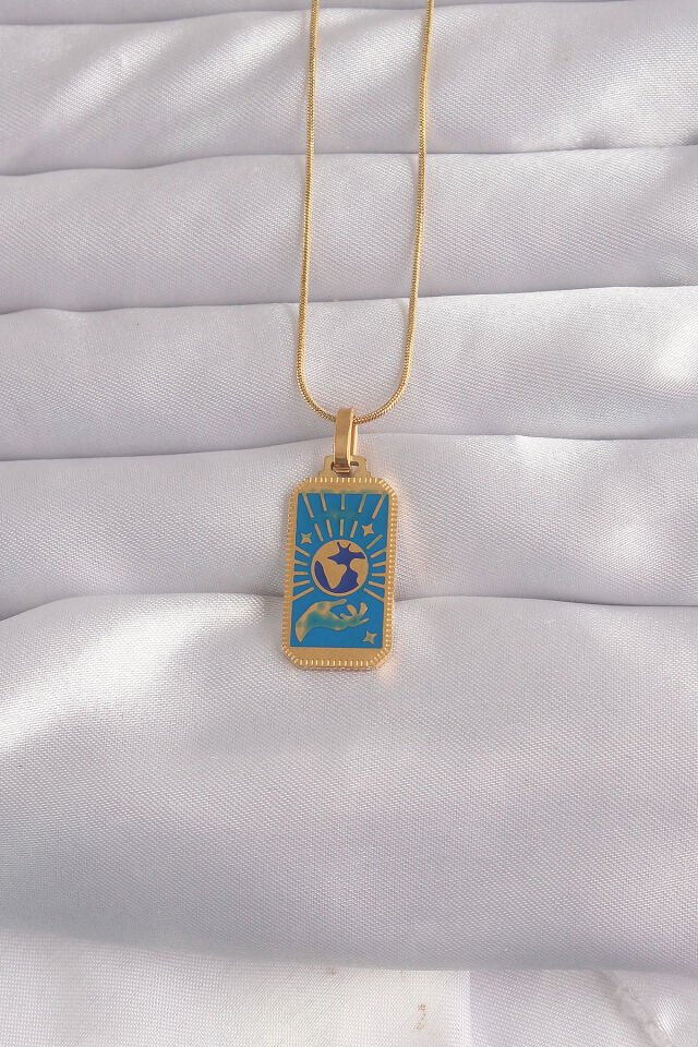 316L Çelik Özel Seri  Gold Renk Mavi Mineli El Figür Tarot Kolye