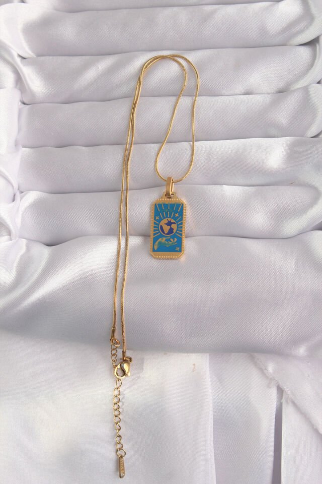 316L Çelik Özel Seri  Gold Renk Mavi Mineli El Figür Tarot Kolye