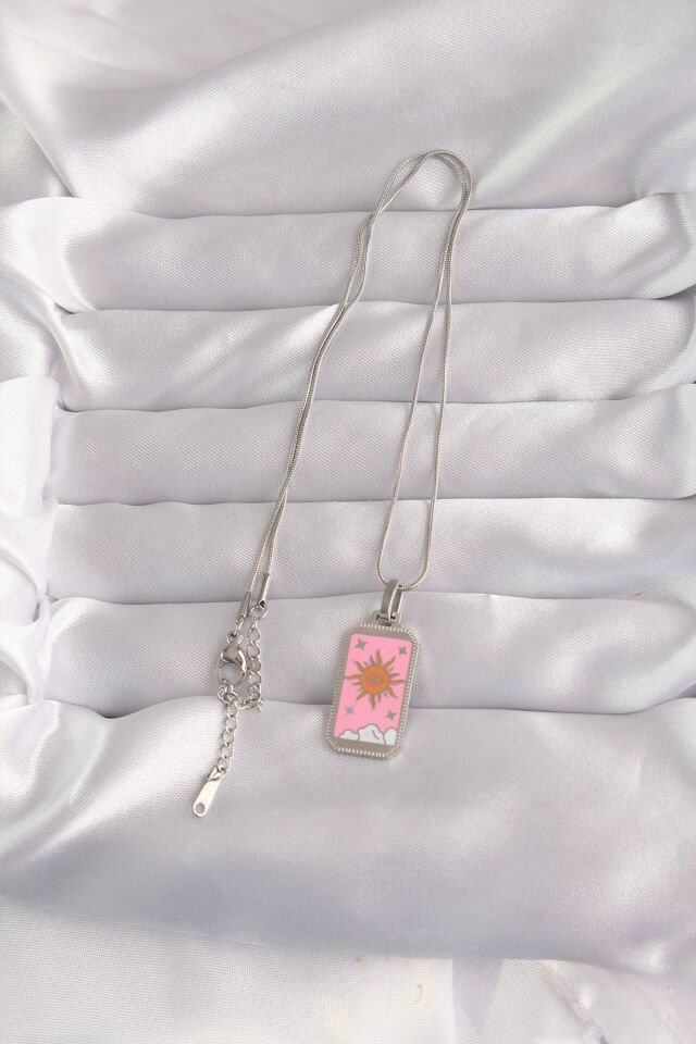 316L Çelik Özel Seri  Gümüş Renk Pembe Mineli Güneş Model Tarot Kolye