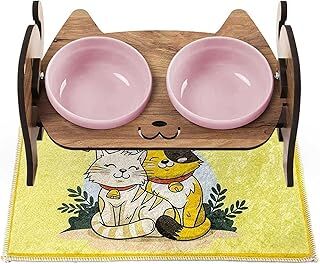 gobypet always the best Ahşap Kedi Mama ve Su Kabı ile Kedi Köpek Paspası - Demonte Kedi Mama Su Kabı, Çift Hazneli Seramik Mama ve Su Kabı - Ayarlanabilir Mama Kabı (Pembe Seramik)
