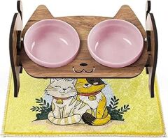 gobypet always the best Ahşap Kedi Mama ve Su Kabı ile Kedi Köpek Paspası - Demonte Kedi Mama Su Kabı, Çift Hazneli Seramik Mama ve Su Kabı - Ayarlanabilir Mama Kabı (Pembe Seramik)