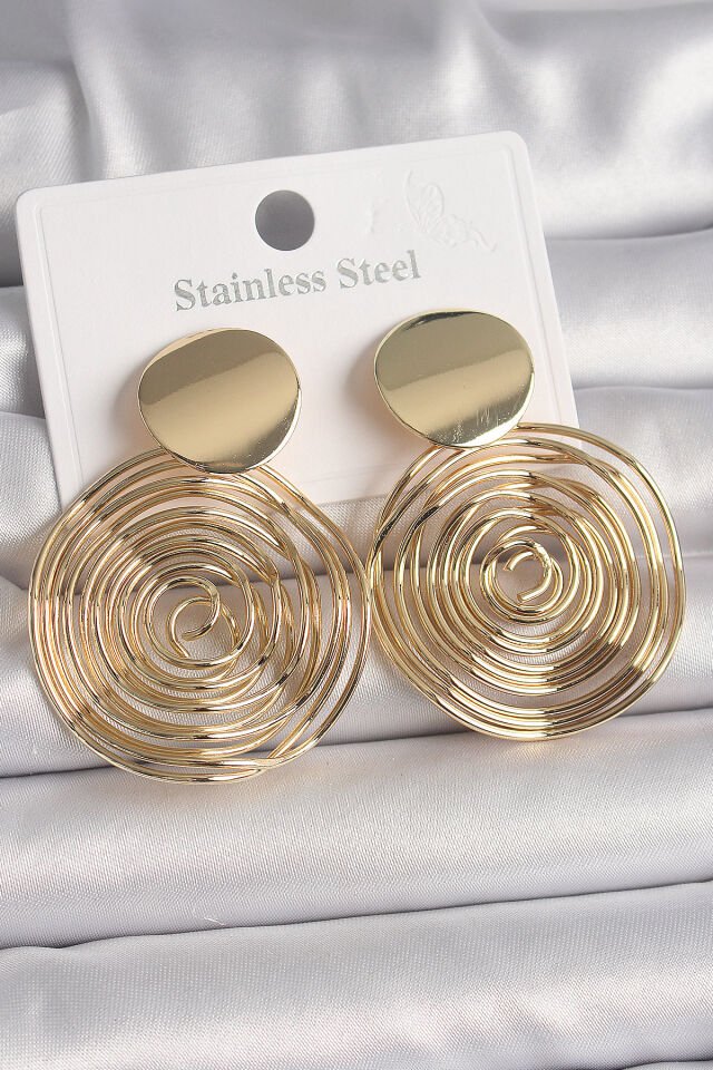 Pirinç Gold Renk Sallantı Labirent Daire Model Kadın Küpe