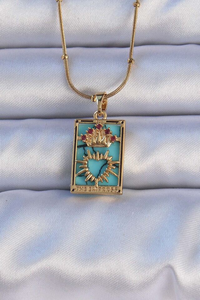 316L Çelik Özel Seri  Gold Renk Mermer Desenli Renkli Zirkon Taşlı Kalp Figürlü Tarot Kolye