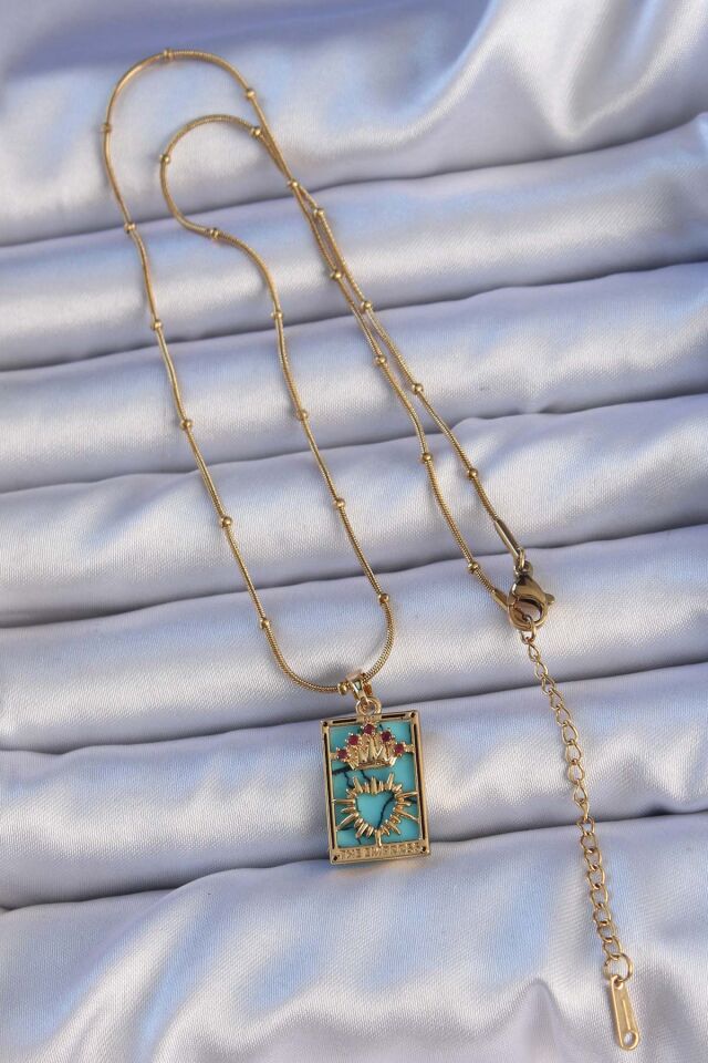 316L Çelik Özel Seri  Gold Renk Mermer Desenli Renkli Zirkon Taşlı Kalp Figürlü Tarot Kolye
