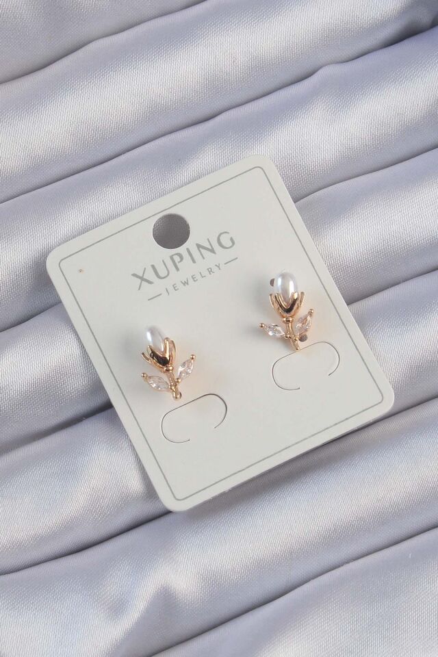 Xuping Rose Renk Zirkon Taşlı İncili Lale Çiçeği Küpe