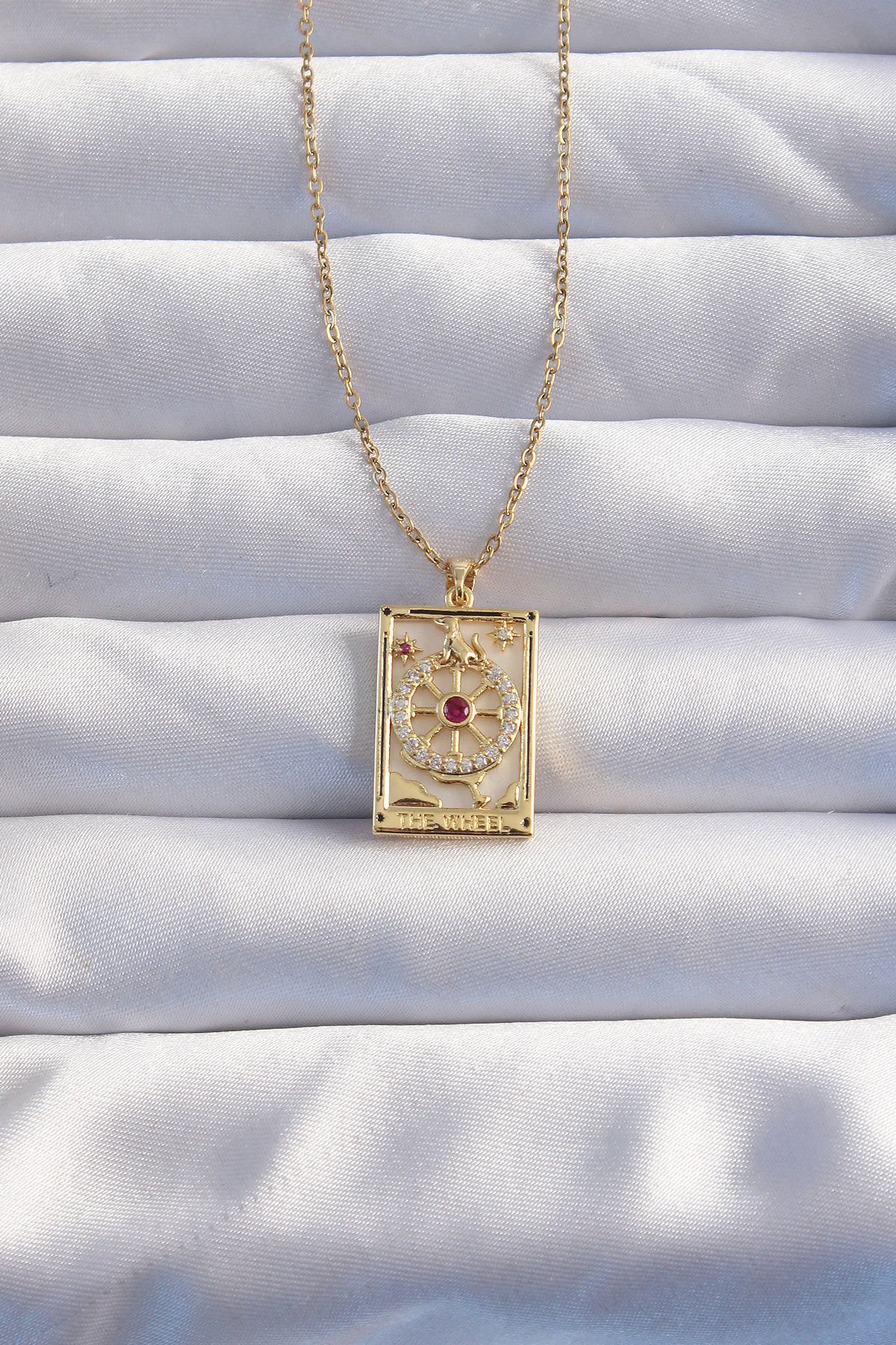 316L Çelik Özel Seri  Zincir Gold Renk Pembe Zirkon Taşlı Tarot Kolye