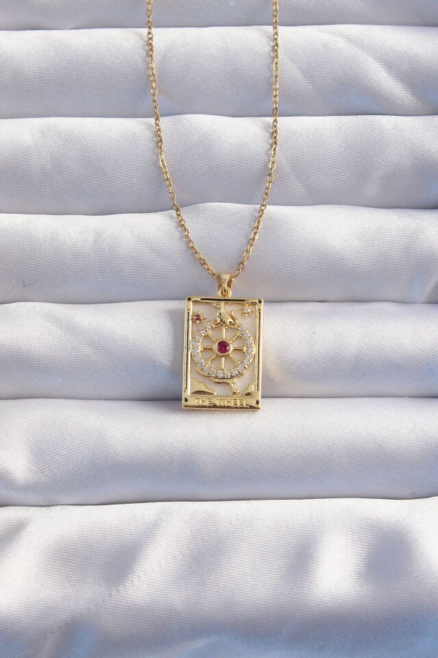 316L Çelik Özel Seri  Zincir Gold Renk Pembe Zirkon Taşlı Tarot Kolye