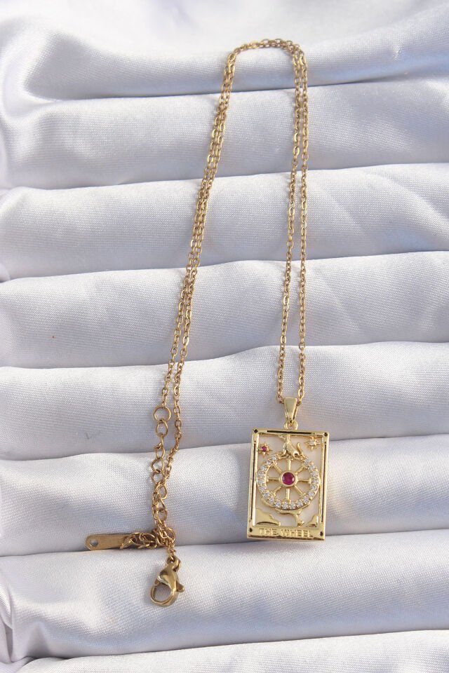 316L Çelik Özel Seri  Zincir Gold Renk Pembe Zirkon Taşlı Tarot Kolye