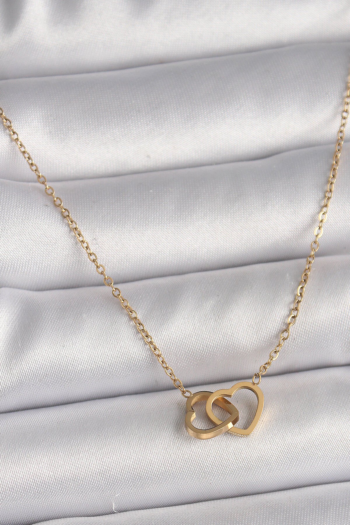 316L Çelik Gold Renk Zincir Birleşik Kalp Model Kadın Kolye