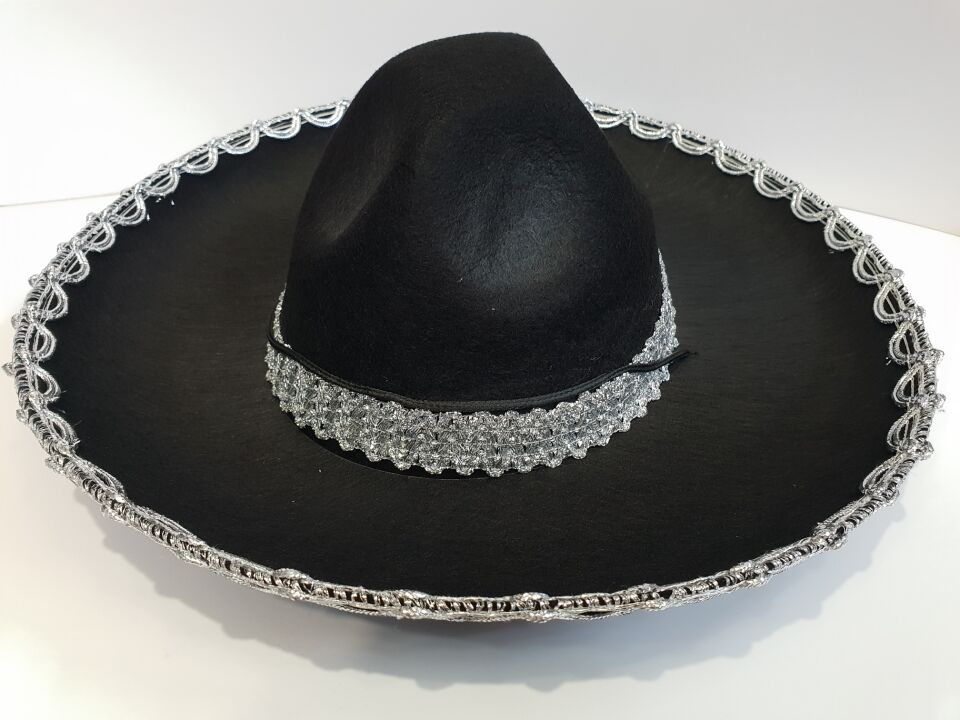Gümüş Renk Şeritli Meksika Mariachi Latin Şapkası 55 cm Çocuk