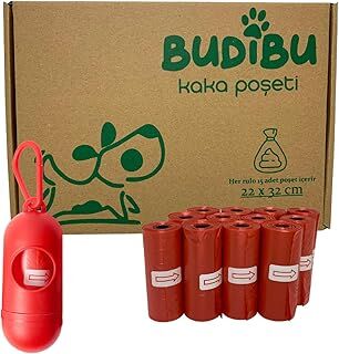 Budibu Kedi Köpek Kaka Poşeti Evcil Hayvan Dışkı Kaka Torbası Taşıma Kapsülü ve 12 Rulo (180 Poşet) (Kırmızı)