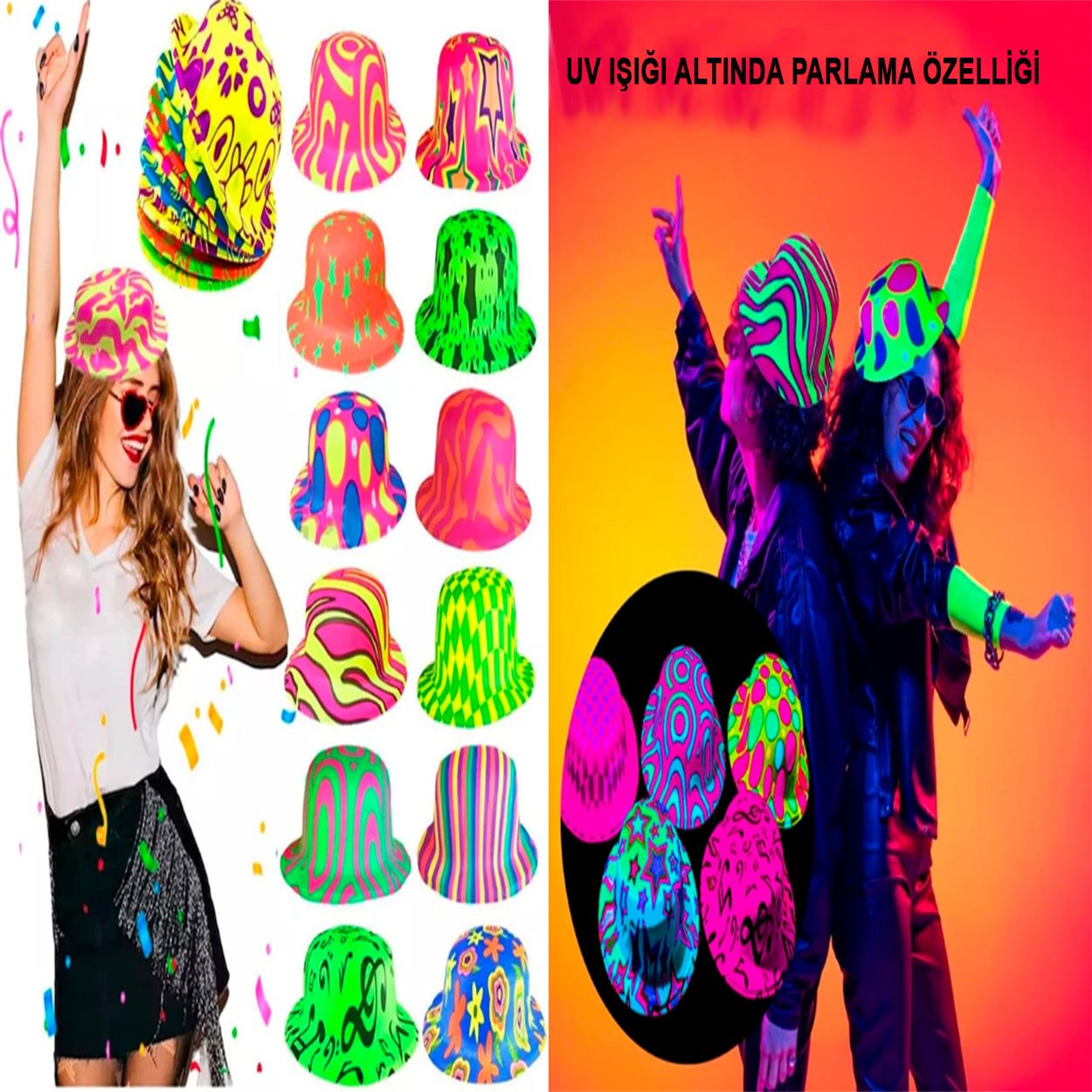F.rklı Desenlerde Plastik Neon UV Işık Parti Şapkası 1 Adet