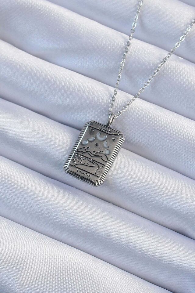316L Çelik Özel Seri  Zincir Eskitme Gümüş Renk Ay Figürlü Tarot Kolye