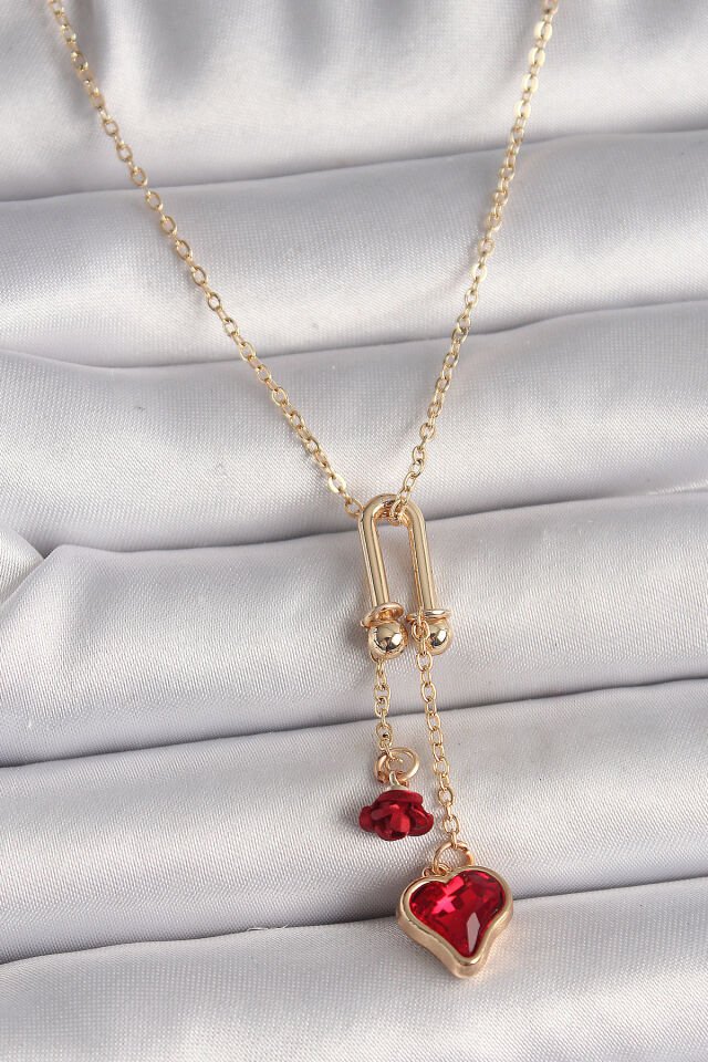 Pirinç Gold Renk Tiffany Model Sallantı Kırmızı Taşlı Kalp Gül Figür Kadın Kolye