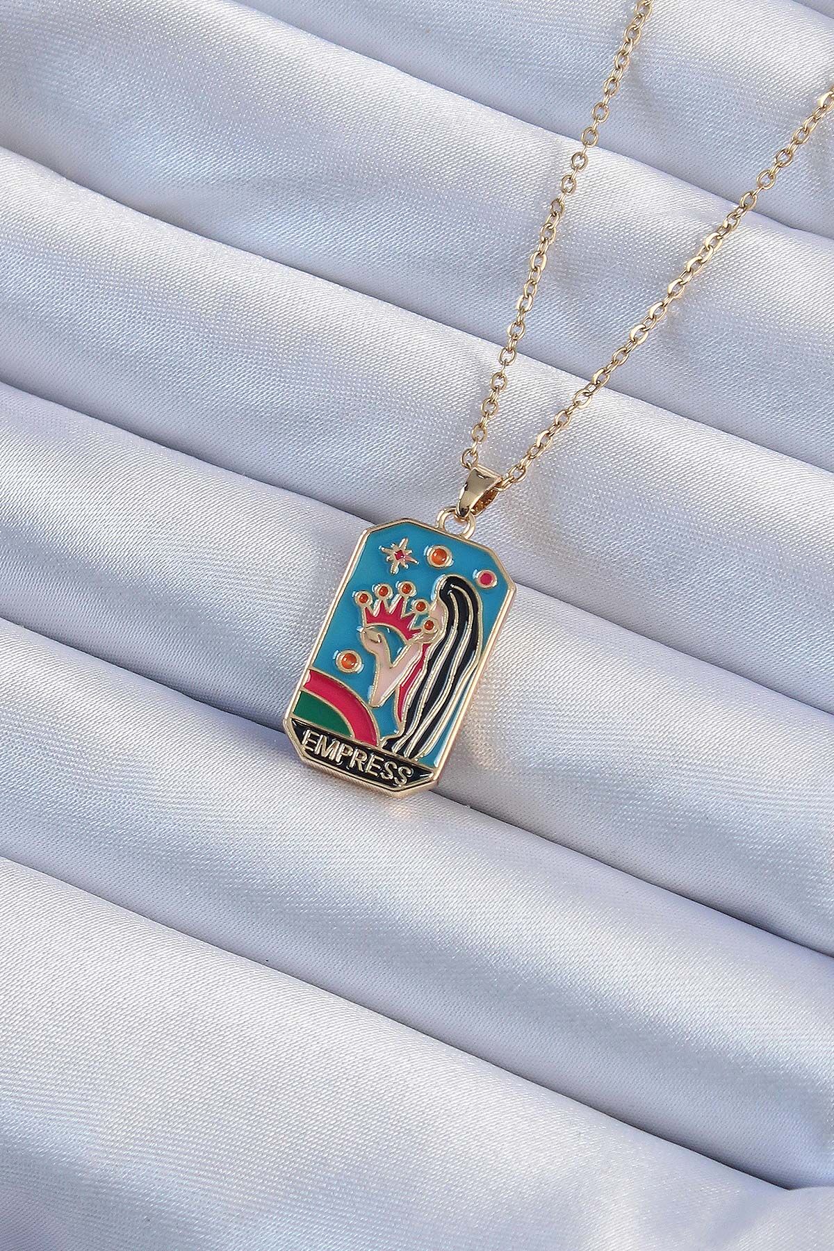 316L Çelik Özel Seri  Zincir Altın Renk ve Kız Figürlü Renkli Mineli Tarot Kolye
