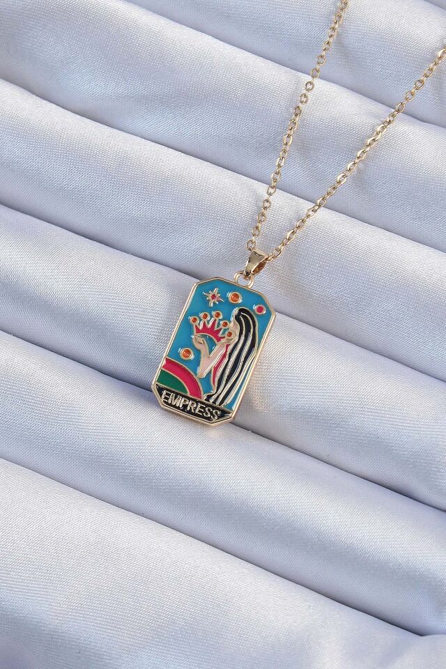 316L Çelik Özel Seri  Zincir Altın Renk ve Kız Figürlü Renkli Mineli Tarot Kolye