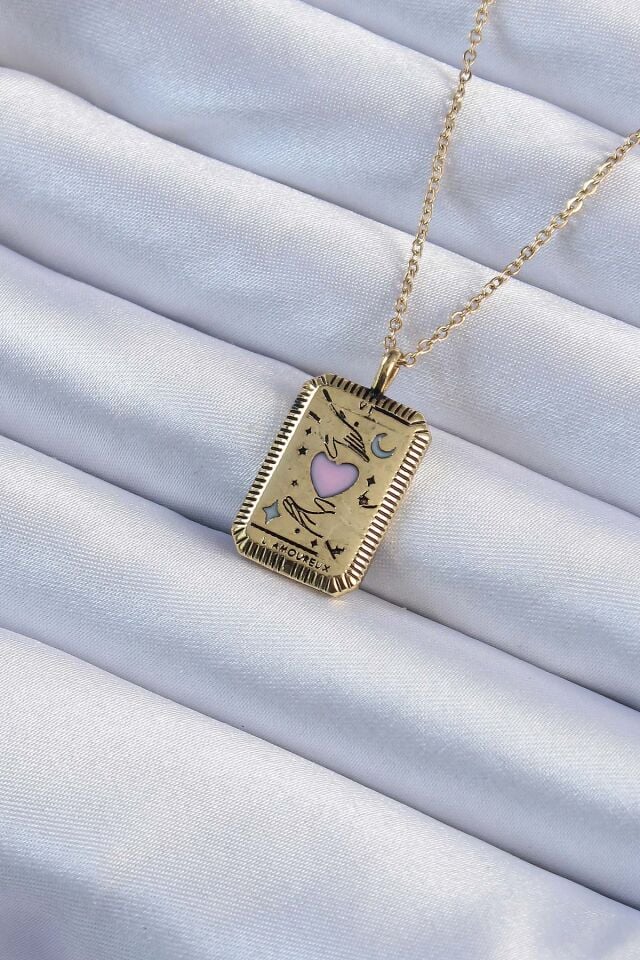 316L Çelik Özel Seri  Zincir Eskitme Altın Renk Pembe Mineli Kalp Figürlü Tarot Kolye