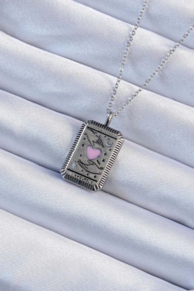 316L Çelik Özel Seri  Zincir Eskitme Gümüş Renk Pembe Mineli Kalp Figürlü Tarot Kolye
