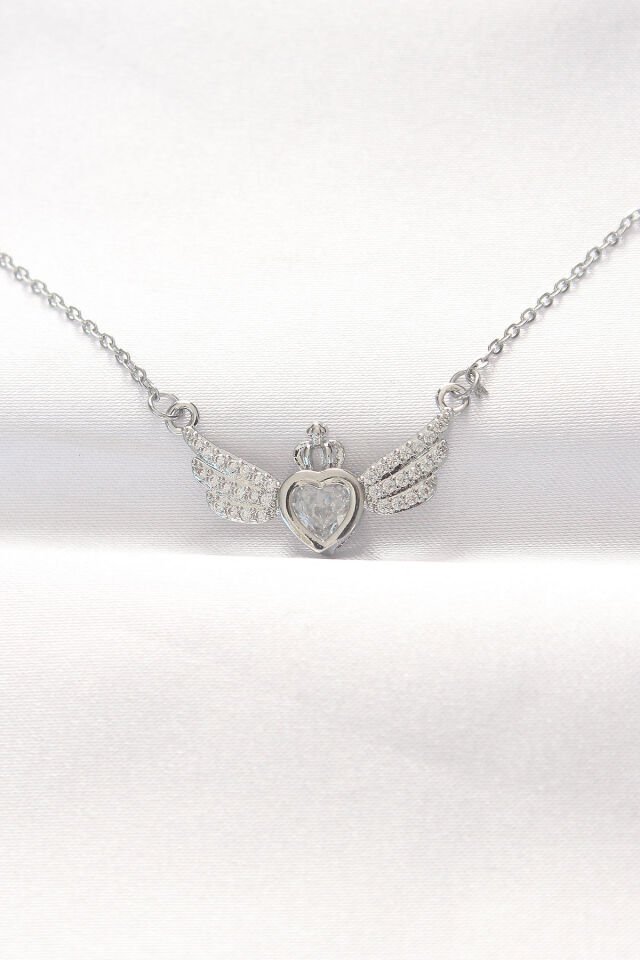 316L Çelik Özel Seri   Silver Renk Zirkon Taşlı Kalpli Kanat Kolye
