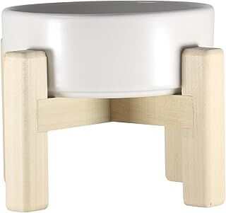 Yılmazel Ahşap Standlı Seramik Mama ve Su Kabı | Ergonomik Tasarım | 2 Farklı Yükseklik (Beyaz)