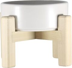 Yılmazel Ahşap Standlı Seramik Mama ve Su Kabı | Ergonomik Tasarım | 2 Farklı Yükseklik (Beyaz)