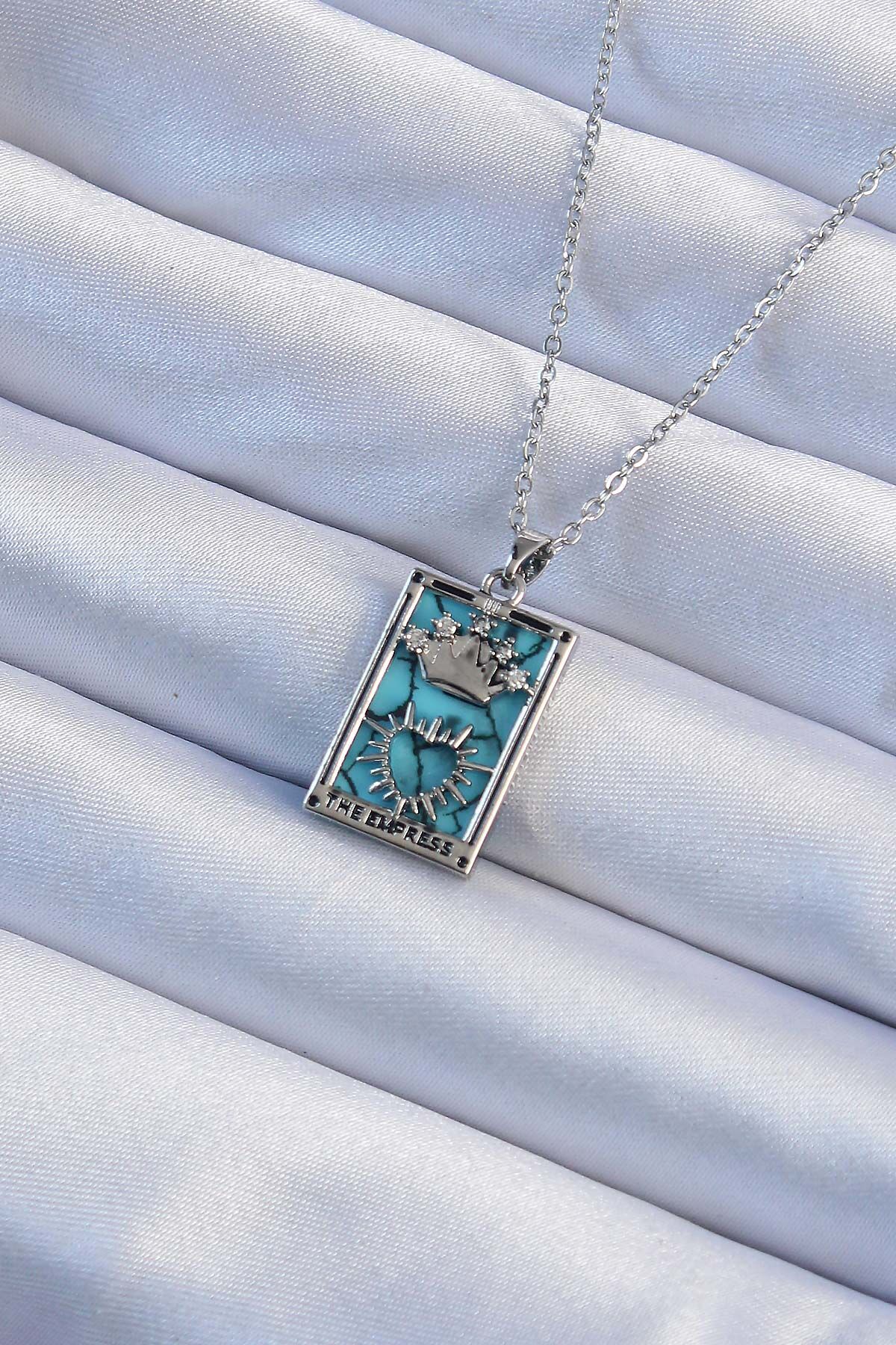 316L Çelik Özel Seri  Zincir Gümüş Renk Zirkon Taşlı Mavi Mermer Desenli Model Tarot Kolye
