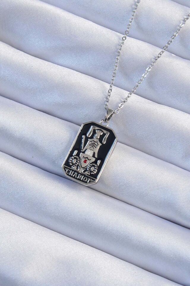 316L Çelik Özel Seri  Zincir Gümüş Renk Siyah Mineli Tarot Kolye