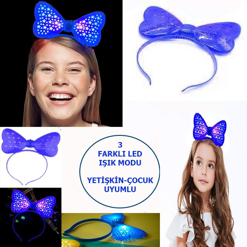 Led Işıklı & Pilli 3 F.rklı Modda Yanan Yıldızlı Fiyonk Parti Tacı Mavi Renk 19x15 cm